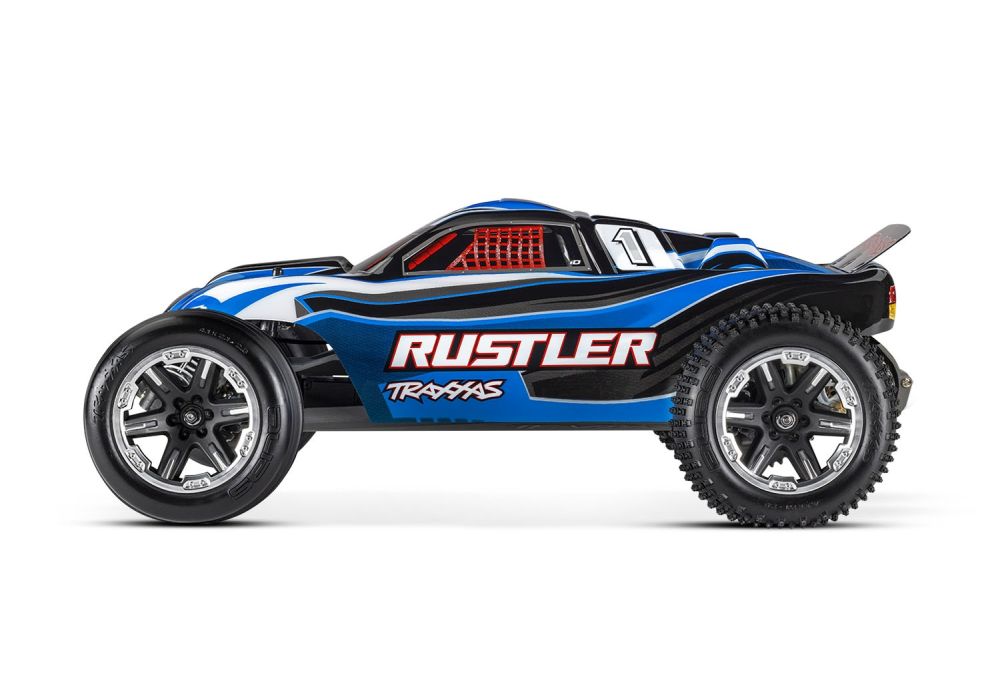 Traxxas 37054-8BLUE 1:10 Rustler 2WD Brushed, Akku, 4A Ladegerät blau RTR Detail 1 Traxxas 37054-8BLUE Detail 1
