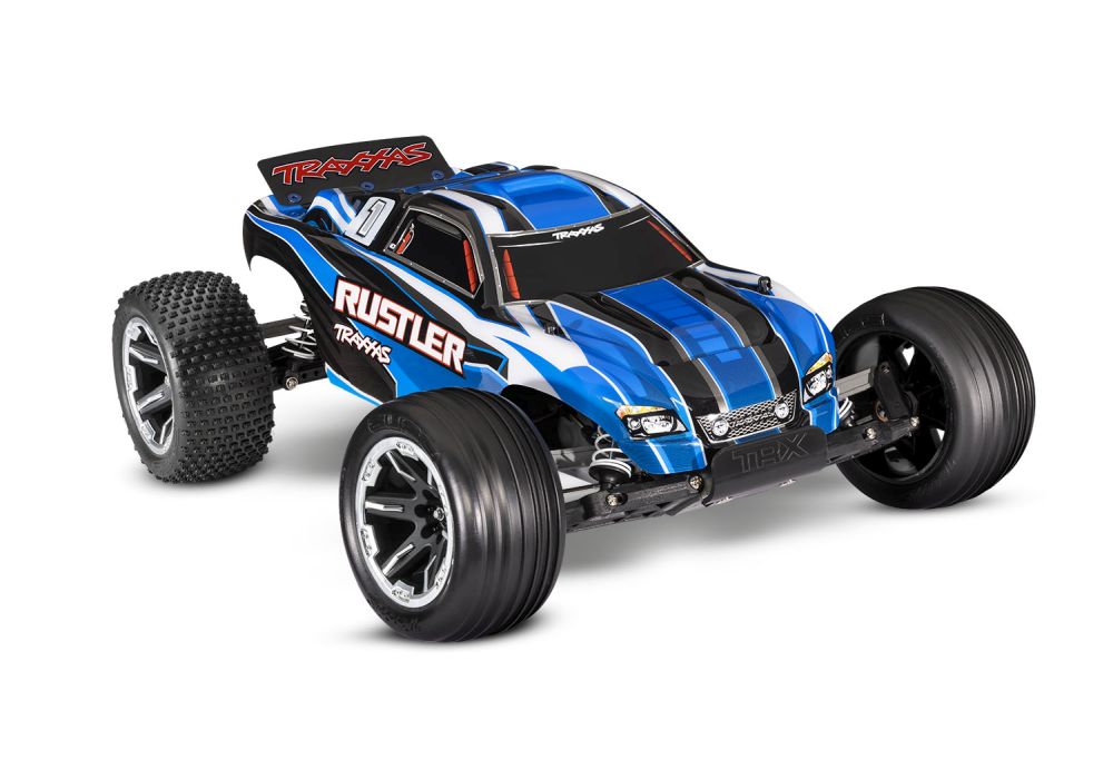 Traxxas 37054-8BLUE 1:10 Rustler 2WD Brushed, Akku, 4A Ladegerät blau RTR Traxxas 37054-8BLUE