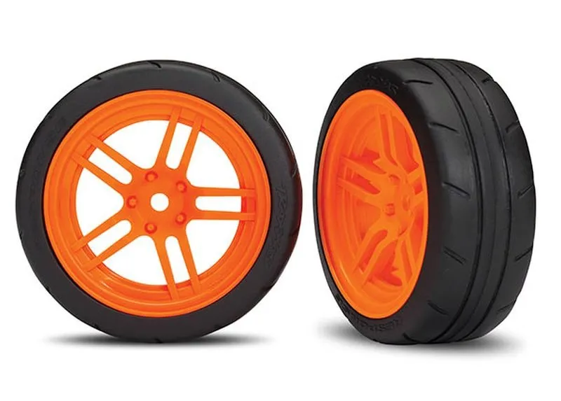 Traxxas 8373A Reifen auf Felgen verklebt Split-Spoke Felge orange vorn (2) Traxxas 8373A