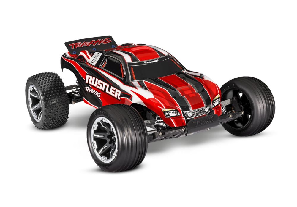 Traxxas 37054-8RED 1:10 Rustler 2WD Brushed, Akku, 4A Ladegerät rot RTR Traxxas 37054-8RED