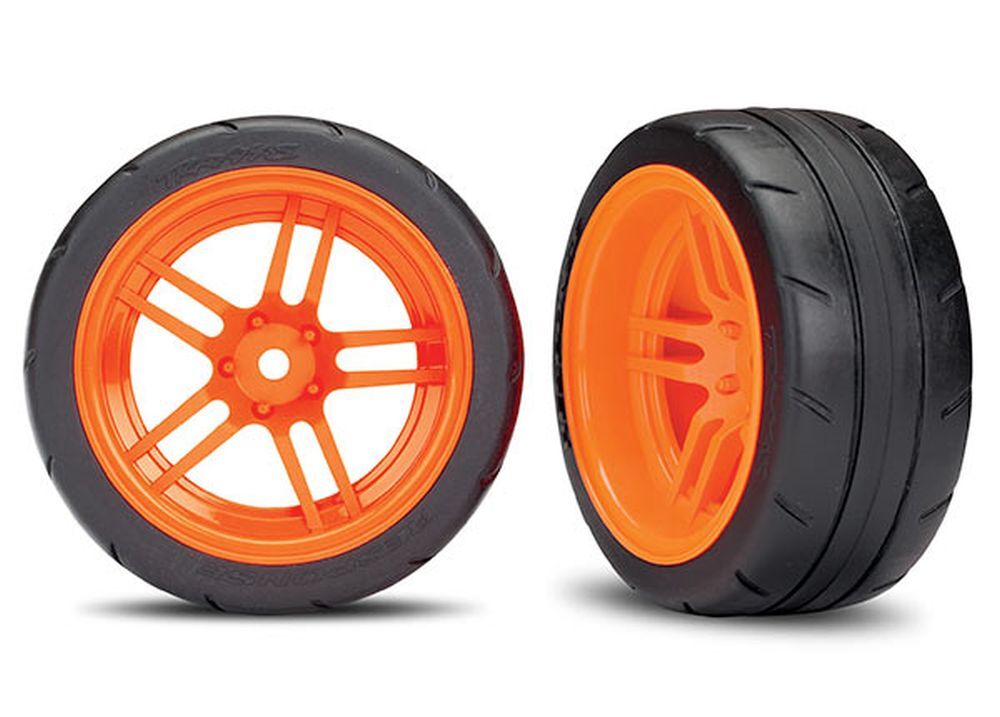 Traxxas 8374A Reifen auf Felgen verklebt Split-Spoke Felge orange hinten B Traxxas 8374A